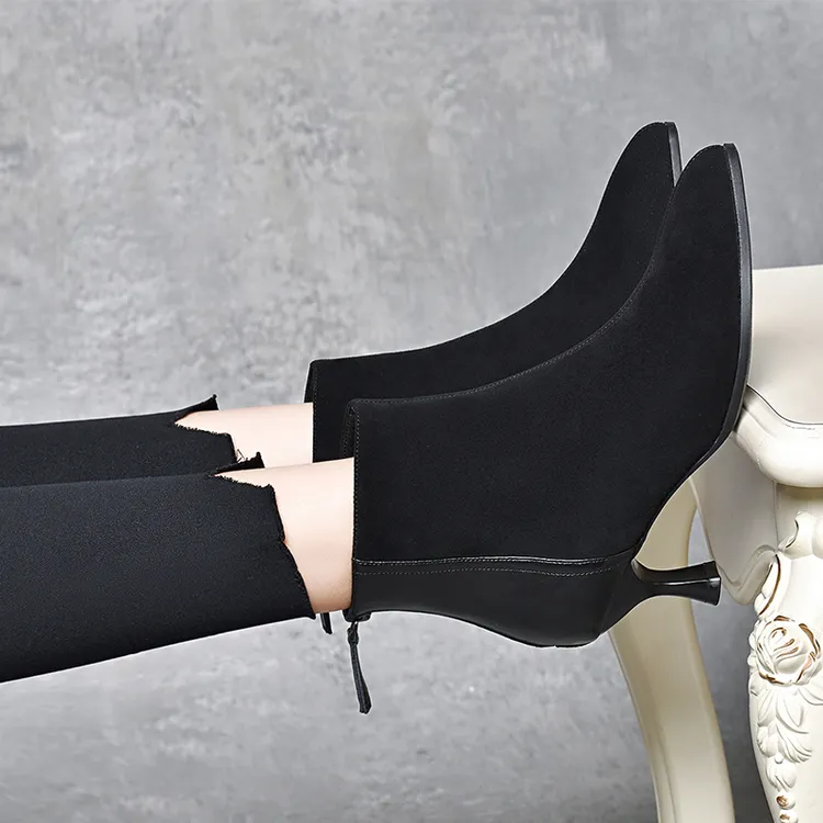 羊皮靴子女短靴秋冬气质尖头洋气百搭瘦瘦靴高跟裸靴女人味小短靴