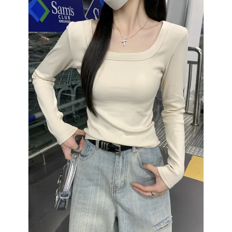 方领正肩长袖T恤女打底衫2025春季韩版修身百搭基础款内搭短上衣