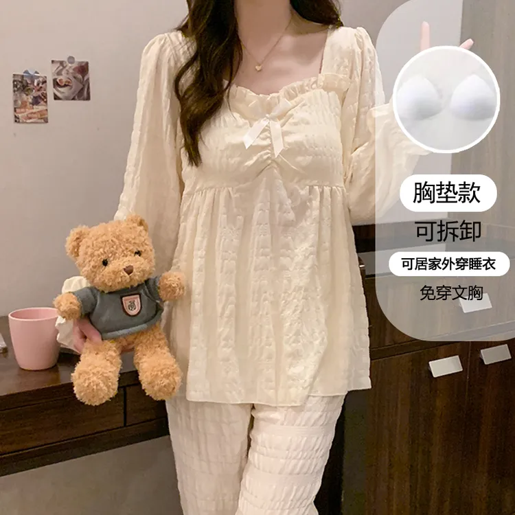 长袖睡衣女款春秋季薄款带胸垫公主风甜美女士家居服套装9311