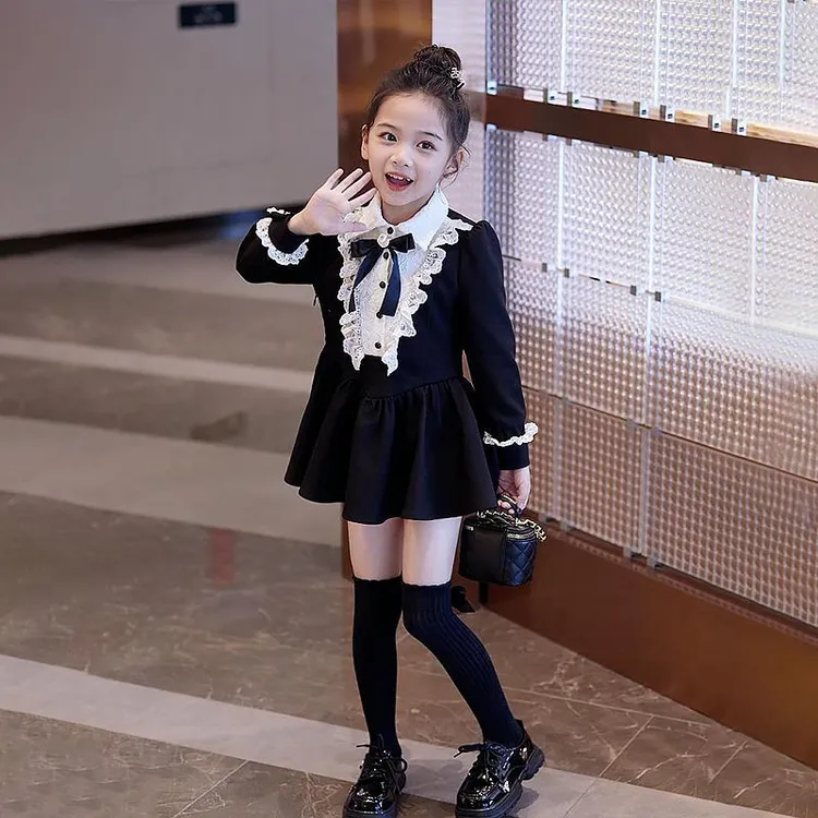 女童赫本风连衣裙2025新款秋冬季洋气儿童女孩学院风蝴蝶结公主裙