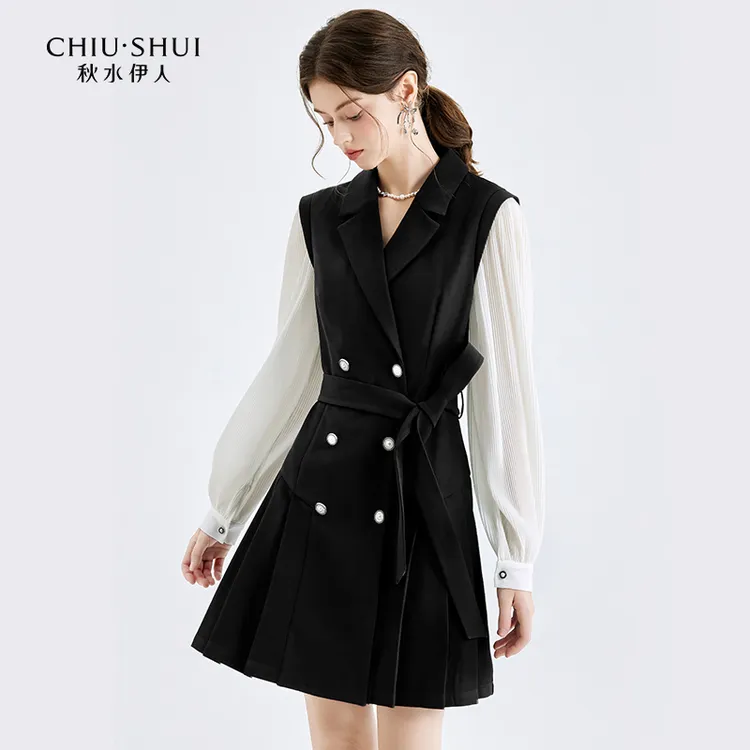 秋水伊人西装式连衣裙秋季新款优雅通勤假两件裙子624112C020141