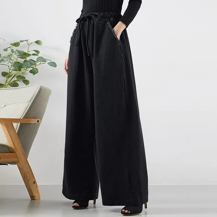 黑色松紧高腰牛仔阔腿裤女宽松显瘦大码垂感拖地直筒裤时尚休闲裤