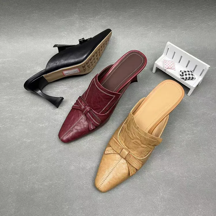 沐木跟高7厘米高跟方头真皮时尚夏季包头女士拖鞋手工鞋百搭酒红 