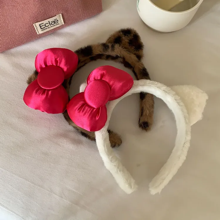 粉色蝴蝶结猫耳朵洗脸发箍可爱豹纹毛绒绒头箍化妆敷面膜压发发卡