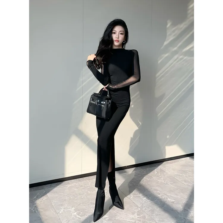 JIJINQI显瘦气质长袖a版连衣裙秋季新款开叉连衣裙 JC08LZXL206