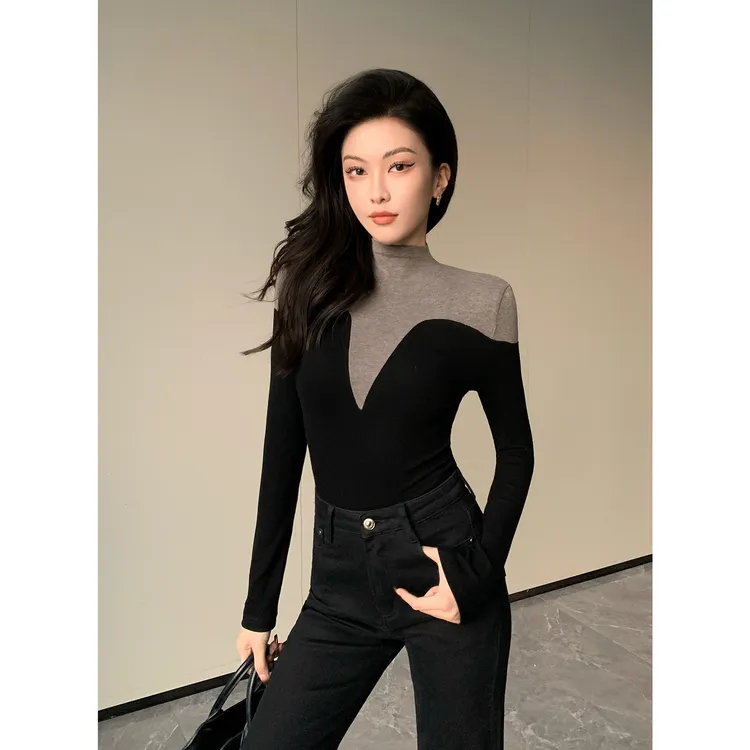 JIJINQI显瘦网红百搭修身针织衫秋冬新款气质拼接上衣JC08SZXL175