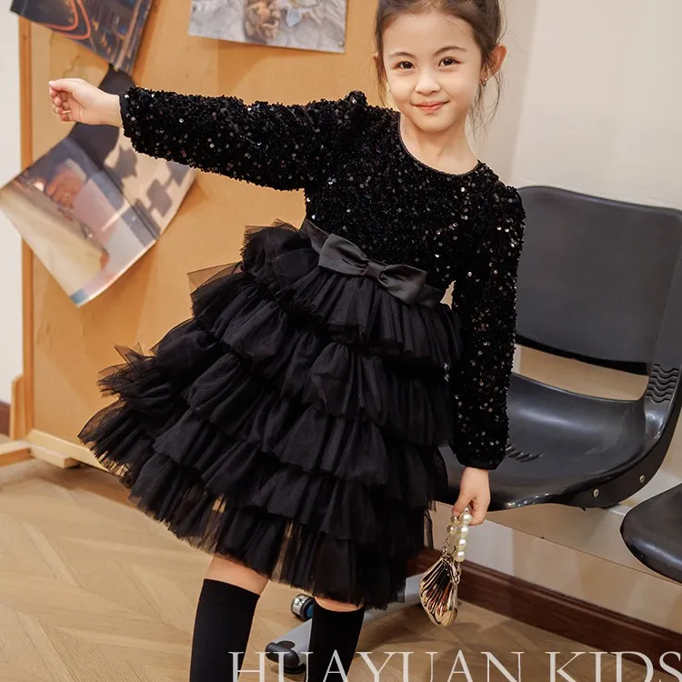 女童春秋冬季新款公主裙黑色宝宝公主裙洋气花童走秀蓬蓬纱连衣裙