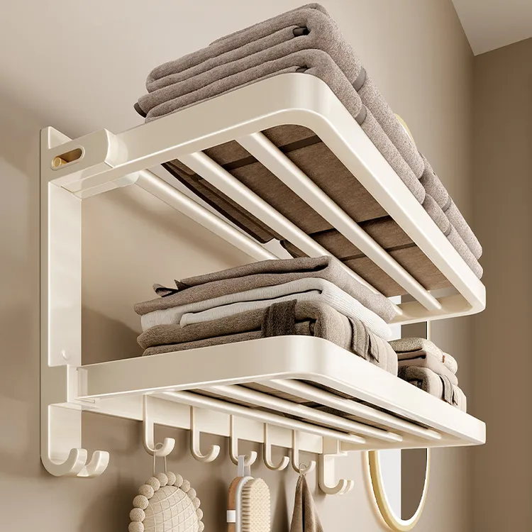 奶油风卫生间毛巾置物架浴室浴巾置物架免打孔太空铝可折叠毛巾架