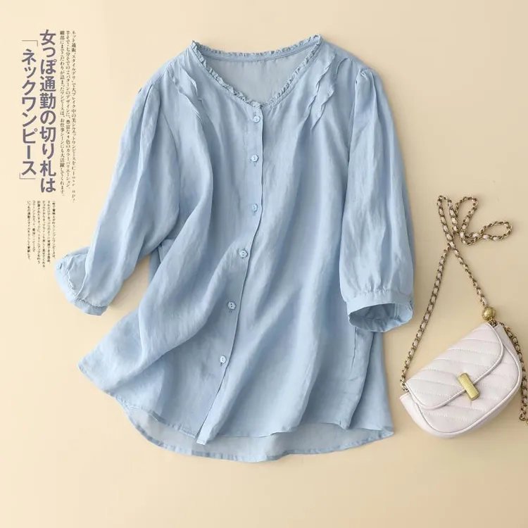 大码宽松七分袖衬衫女2024夏季新款文艺复古遮肉显瘦纯色气质洋气