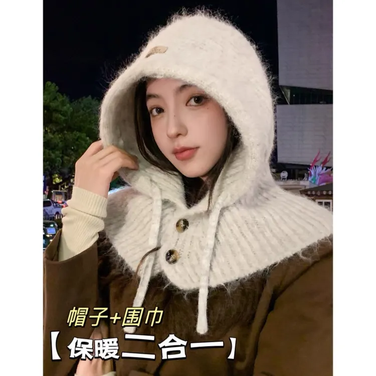 韩国巴拉克拉法帽子女冬季保暖帽子围脖一体情侣款护耳毛线针织帽
