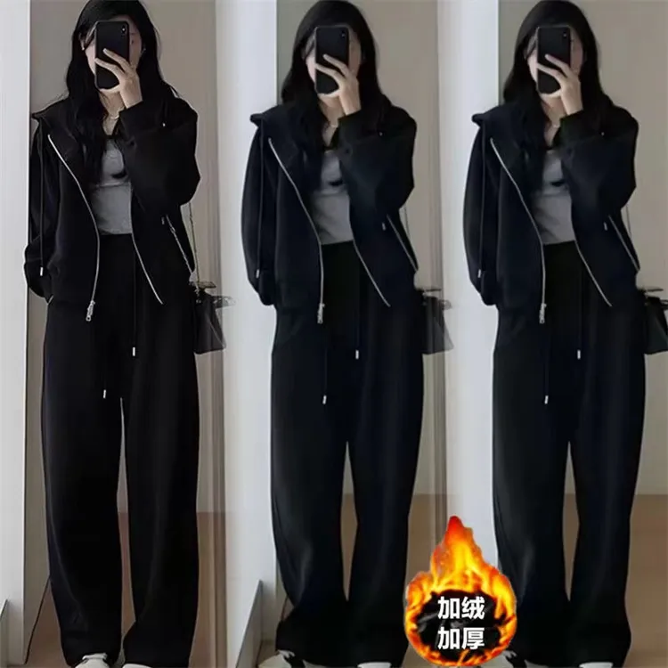 微胖mm休闲套装女士秋冬季加绒加厚大码宽松显瘦洋气运动服两件套