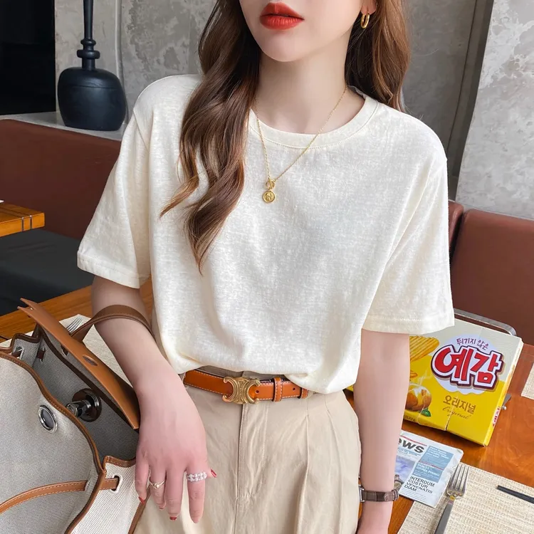 冰丝t恤女夏季短袖2025年新款宽松纯色半袖体恤棉麻白色薄款上衣