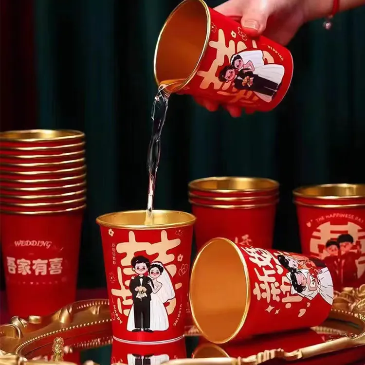 【卡通喜庆纸杯100个】喜杯子婚礼加厚喜事一次性婚宴结婚用品家用