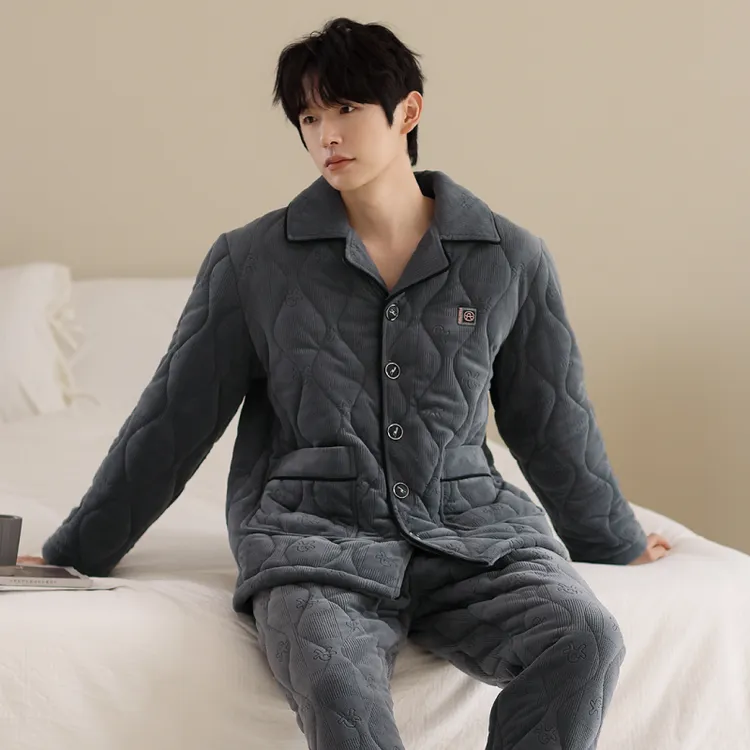 芬腾冬季睡衣男三层夹棉保暖珊瑚绒男士男生睡衣冬季加厚加绒