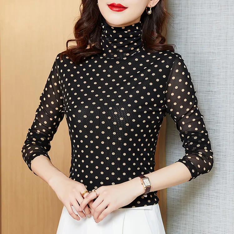 秋冬长袖耐脏高领T恤半高领大码时尚气质加绒显瘦波点打底衫洋气