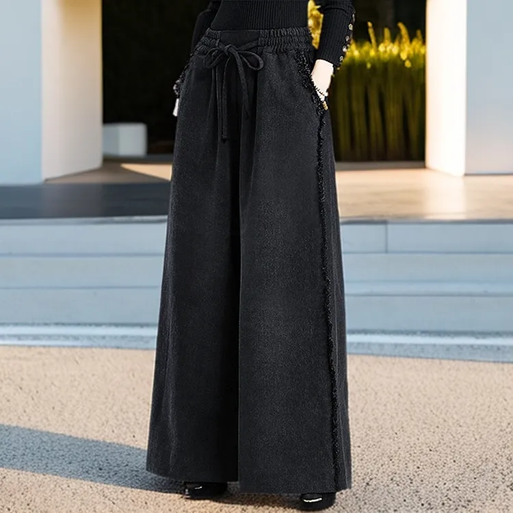 高档气质黑色牛仔裤女2025年秋冬加绒高腰垂感阔腿裤百搭休闲裤