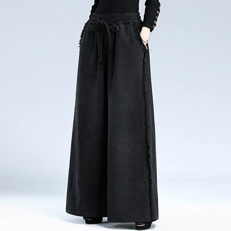 秋冬加绒松紧高腰牛仔阔腿裤女宽松显瘦大码黑色大裤脚时尚百搭