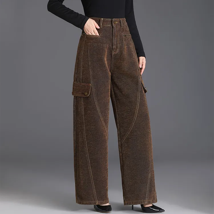 2025秋冬新高档雪尼尔牛仔裤女高腰宽松显瘦阔腿裤复古休闲裤时尚