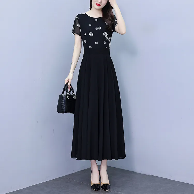 高档真丝印花连衣裙女款爆款2025新款夏季短袖长款显瘦大摆长裙子