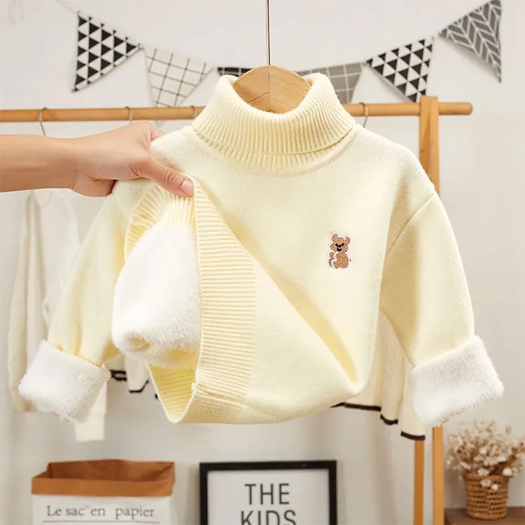 儿童一体绒毛衣高领加绒加厚针织衫男女宝宝新款洋气保暖长袖套头