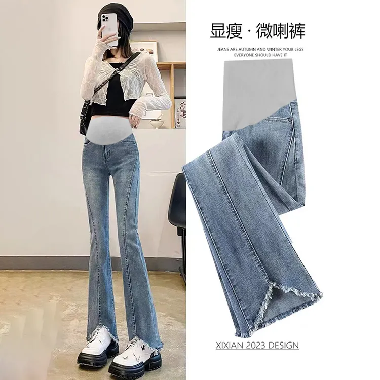 春秋款孕妇牛仔微喇叭裤春季时尚辣妈外穿显瘦开叉网红托腹长裤