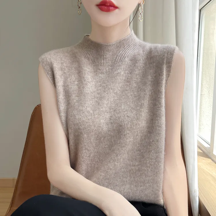 【打底必备 搭配神器】无缝一体羊毛背心 经典款半高领无袖羊毛衫女