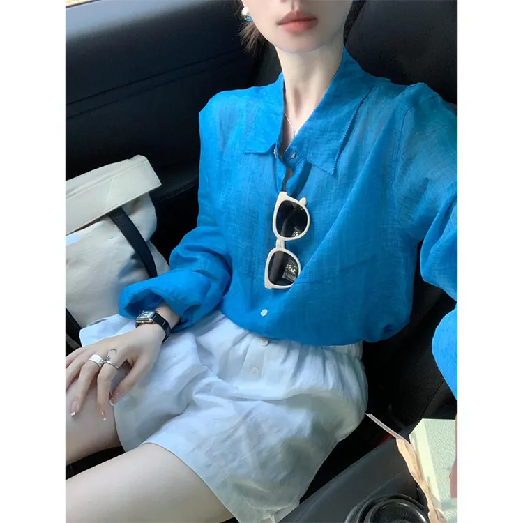 衬衫女士夏季新款气质复古港风高级感Polo领宽松百搭防晒长袖上衣