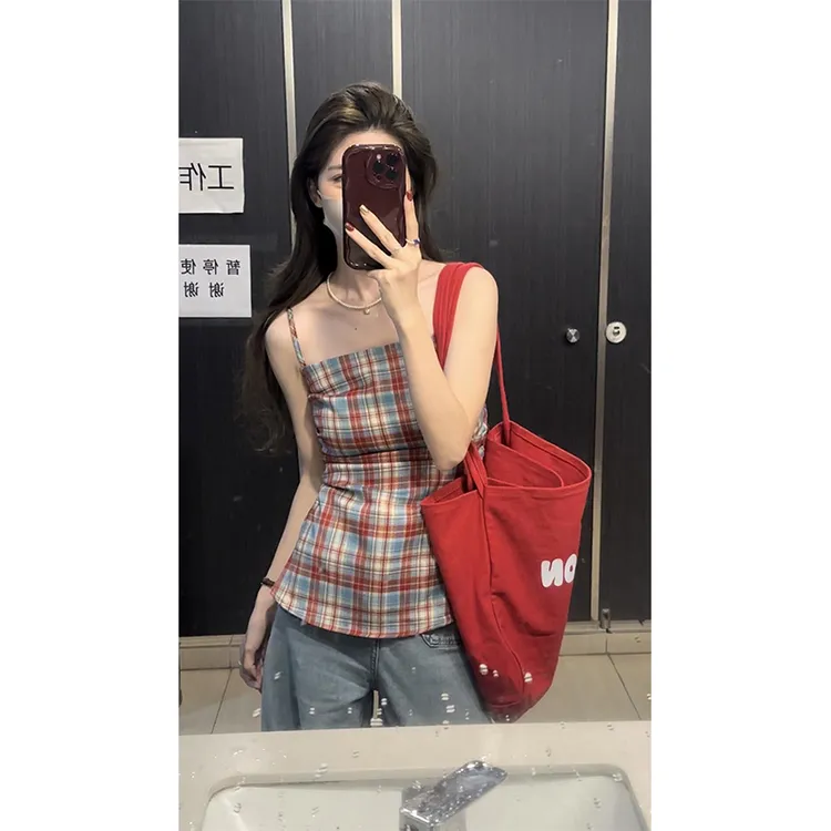 洋气衣服女2025早春穿搭显瘦百搭格子条纹无袖上衣高腰阔腿牛仔裤