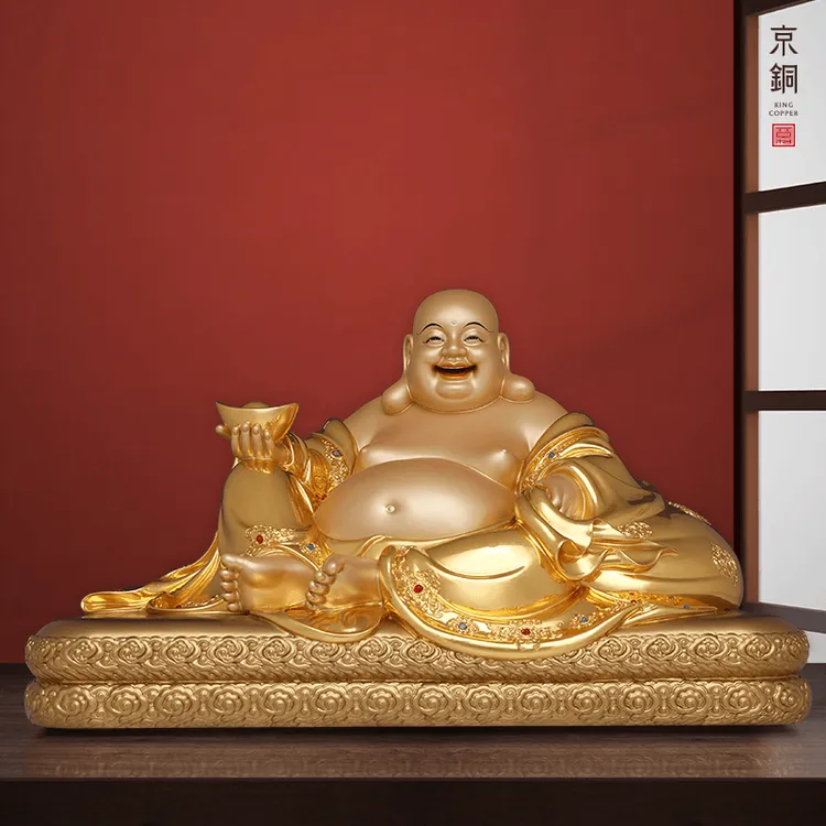 京铜黄铜掐丝贴金镶宝拿元宝弥勒纯手工铸造铜摆件家居工艺摆件