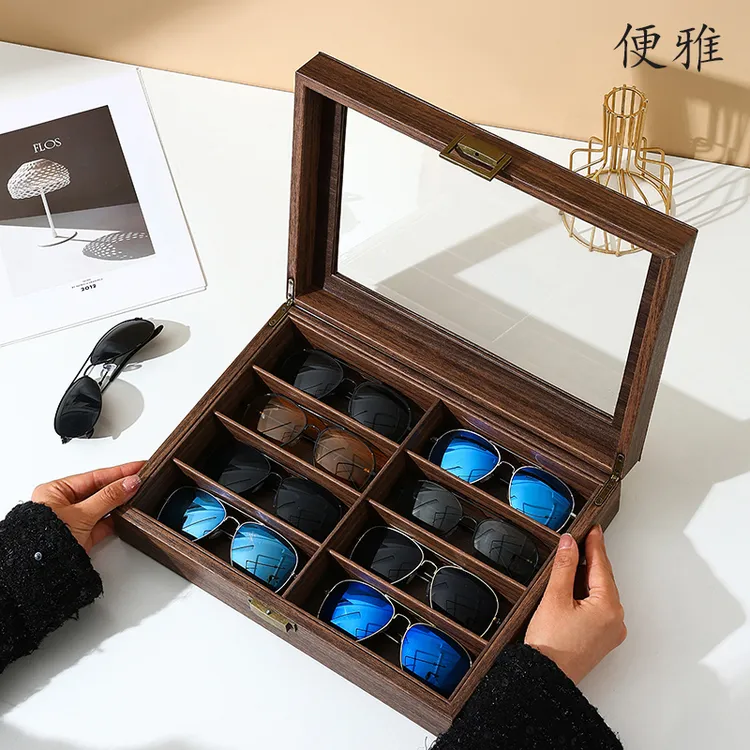 便雅复古木纹皮8格眼镜收纳盒大容量眼镜收藏箱太阳镜墨镜展示盒