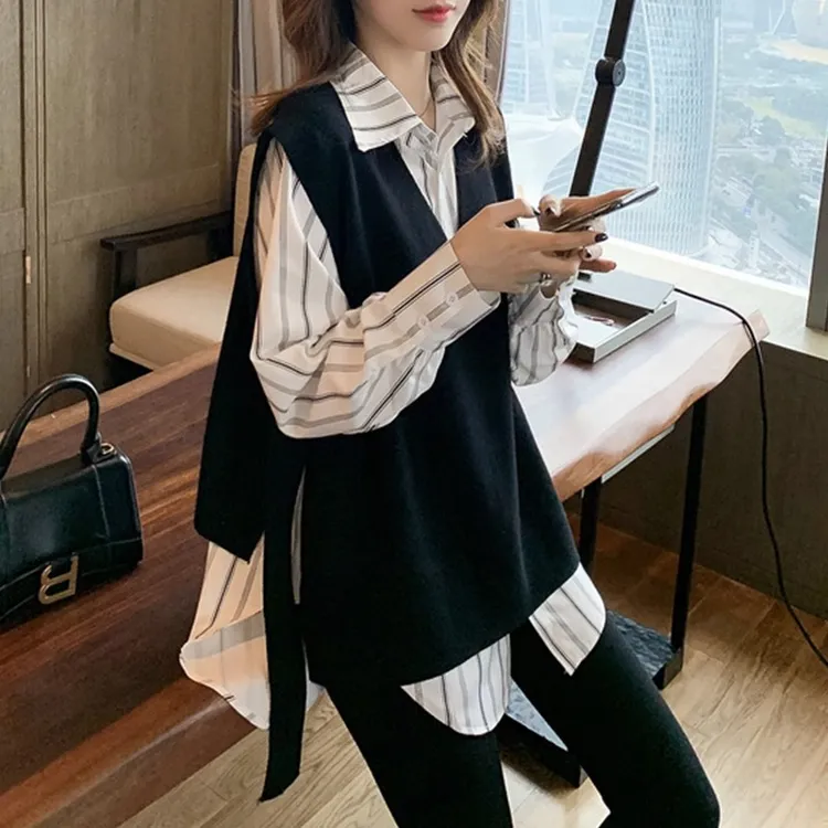 大码遮肚子长袖条纹衬衫女春秋微胖mm宽松显瘦针织马甲背心两件套