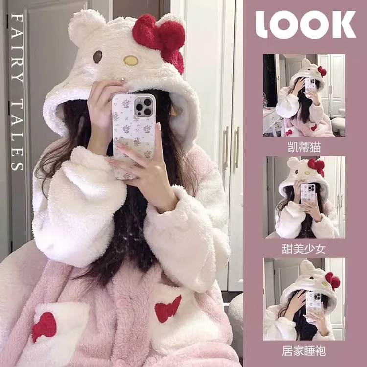 hellokitty凯蒂猫睡衣女秋冬季珊瑚绒保暖浴袍甜美可爱长款睡袍