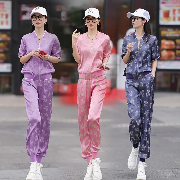 欧货时尚休闲运动套装女薄款印花新中式国风醋酸缎面两件套夏7987