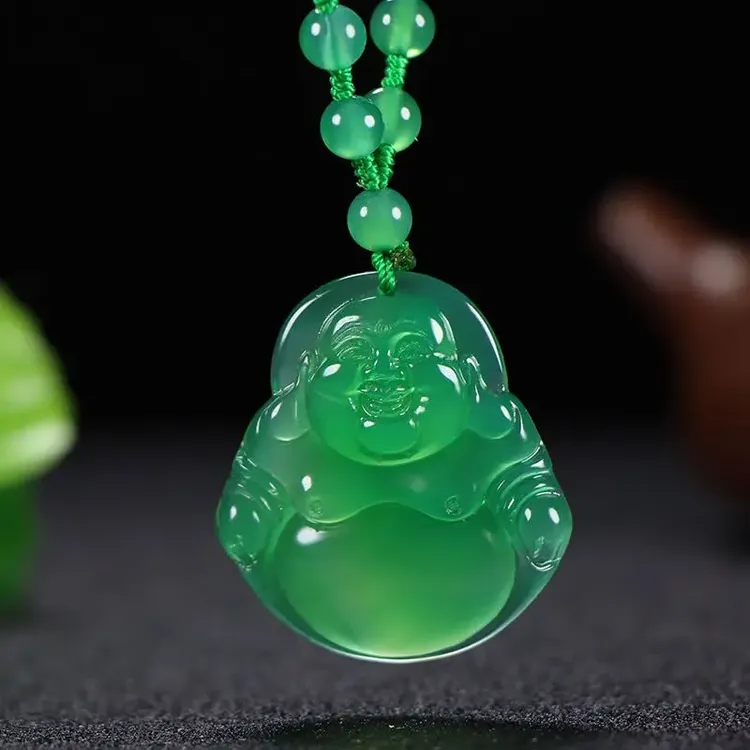 冰绿冰透满绿佛公吊坠高端冰种阳绿玉佛挂件情侣款笑佛精致弥勒佛