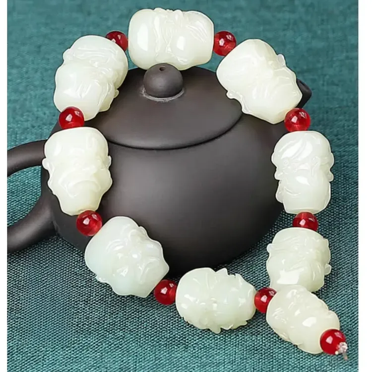 天然和田玉十八罗汉手持男款白玉双面罗汉佛手串玉石手工雕刻