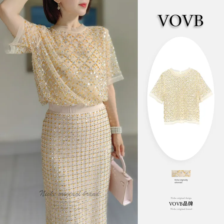 VOVB法式高级感气质亮闪闪短袖重工钉珠名媛风夏季短袖上衣-8091
