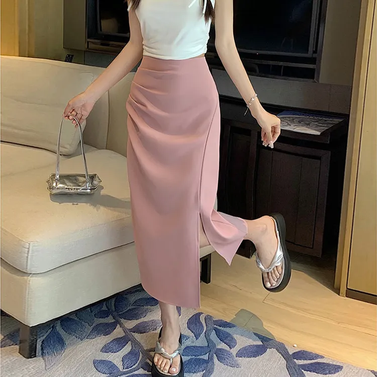 半身裙中长款2025秋季新款气质高腰显瘦百搭褶皱开叉西装裙子1028