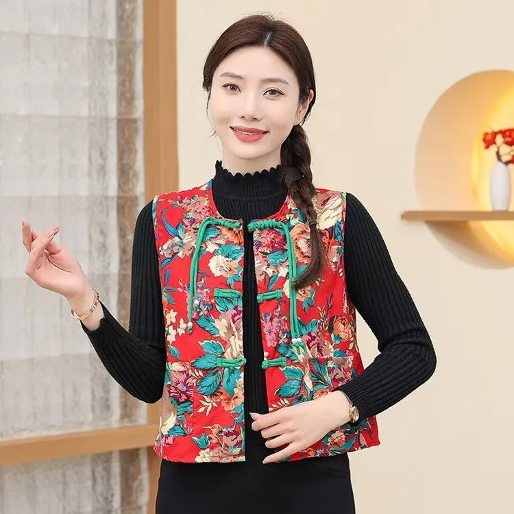 东北大花马甲加绒短款背心民族风阔腿裤盘扣洋气新中式女马夹套装