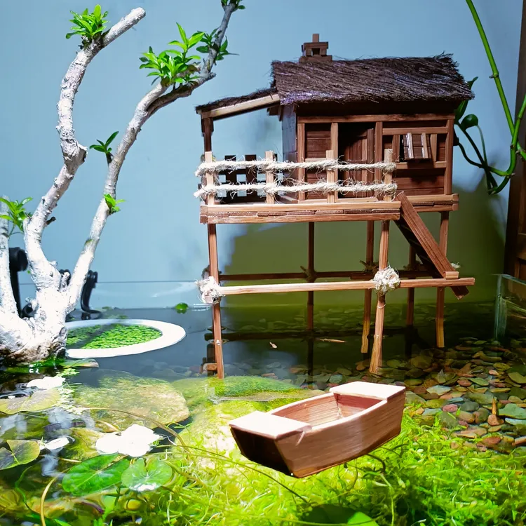 精品木屋高脚楼木屋民宿风格原生缸鱼缸造景摆件水陆缸苔藓缸溪流