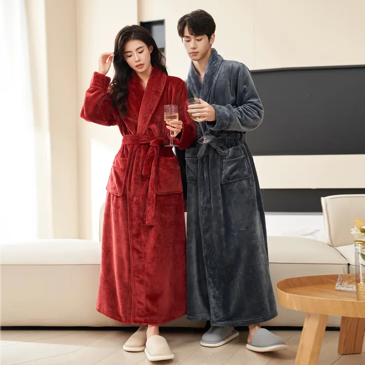 高克重法兰绒加厚男秋冬季超厚情侣浴袍长款珊瑚绒睡衣保暖家居服