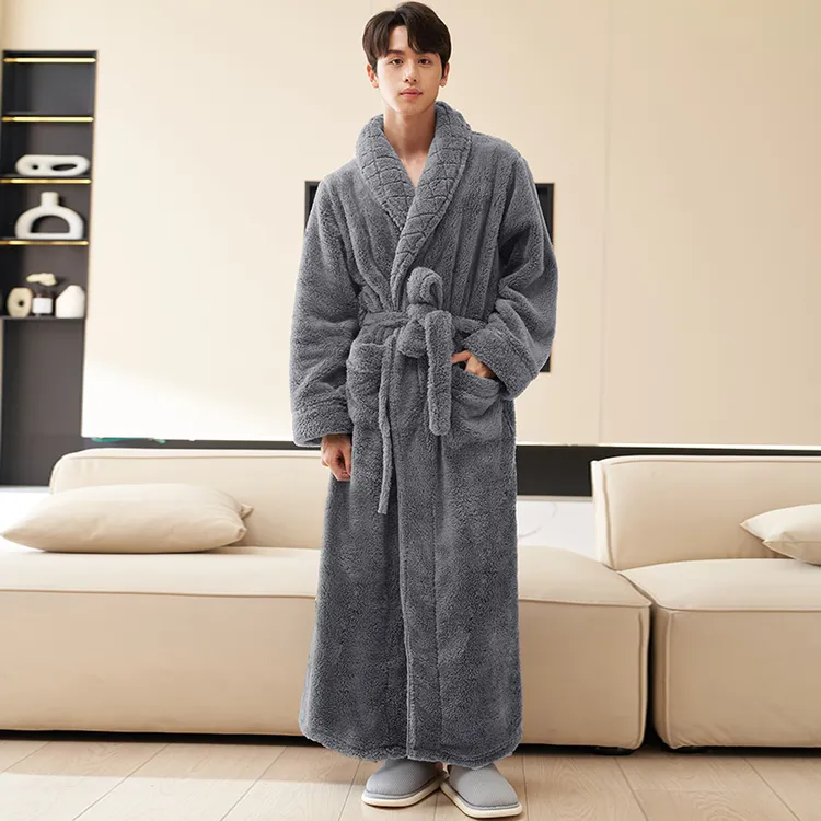 男士大码睡袍冬季加厚法兰绒浴袍保暖睡衣珊瑚绒长袍男加绒家居服