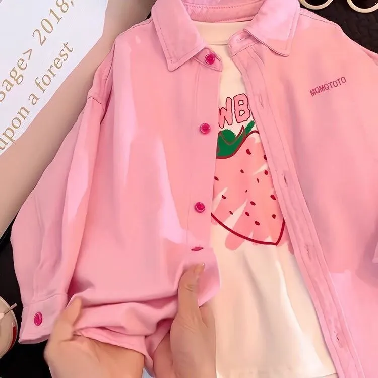 女童外套2025春夏新款洋气女大童春秋款粉色牛仔衬衫儿童韩范潮衣