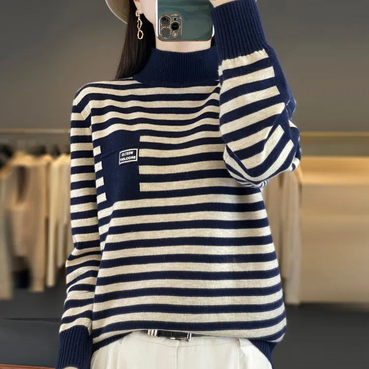 90-160斤！爆款条纹羊毛半高领毛衣时尚大码洋气针织打底衫