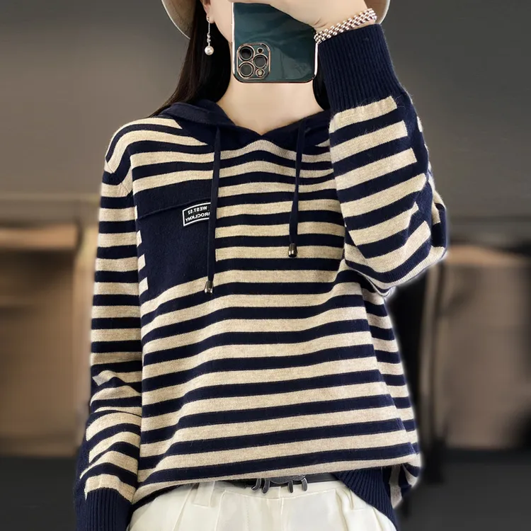 80-160斤！爆款条纹针织帽衫羊毛时尚大码洋气连帽毛衣打底衫