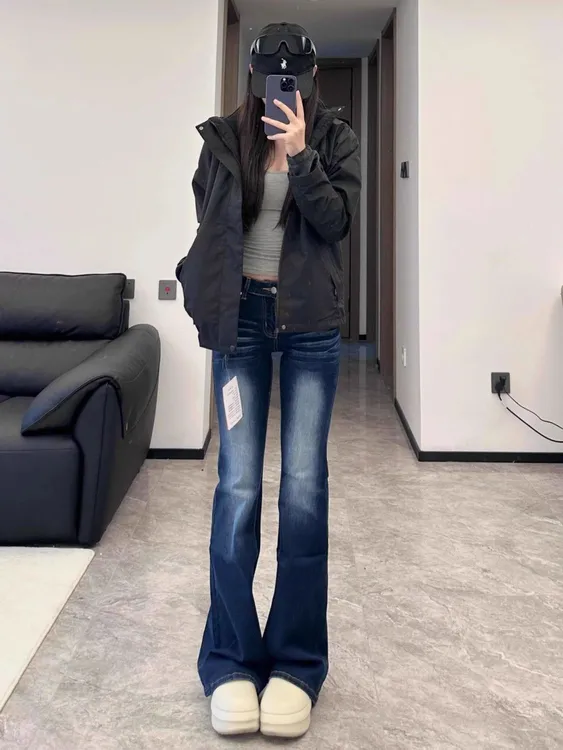 175高个子加长高街辣妹水洗微喇牛仔裤女设计低腰百搭修身拖地裤