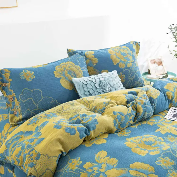 【牡丹花开】纯棉双纱双层纱四件套100％高端四件套床上用品加厚双面