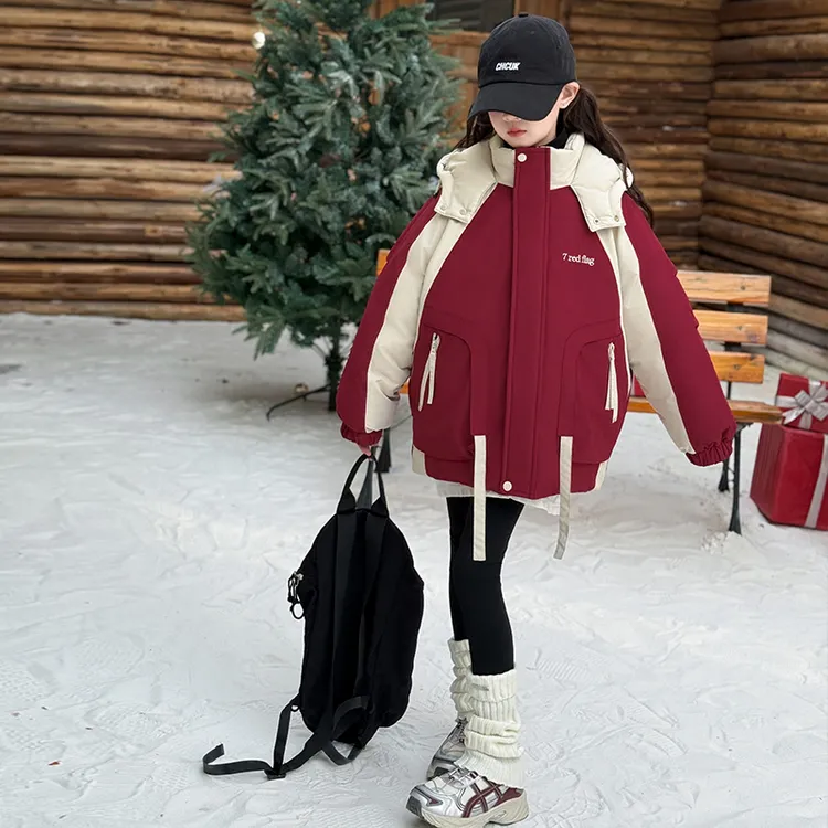 女童冬季新款连帽棉服2024新款中大童加厚防风保暖洋气女孩拼色潮