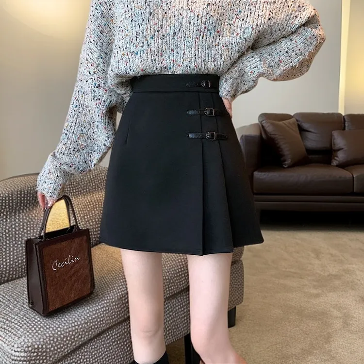 大码毛呢百褶裙显瘦高腰A字裙黑色百搭2025小个子新款半身裙短裙