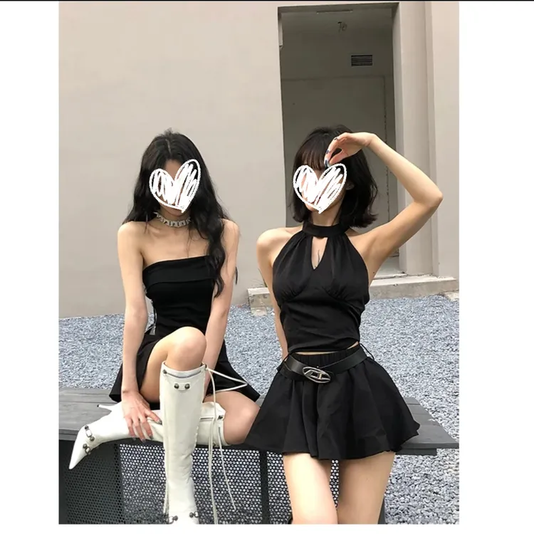 辣妹风修身显瘦抹胸背心+挂脖绑带背心+美式复古风百搭花苞裙