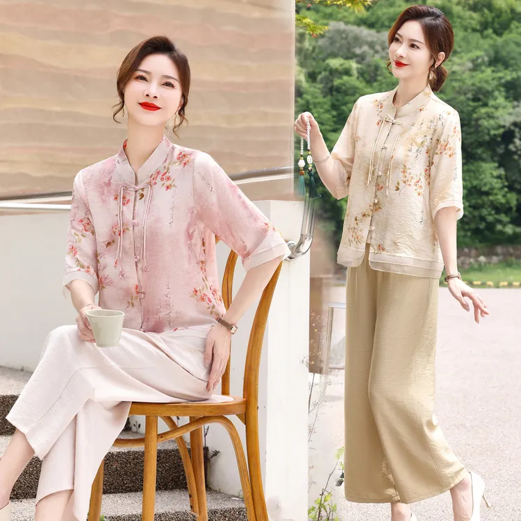 气质衣服妈妈夏装套装上衣短袖中老年女装时尚新中式洋气两件套